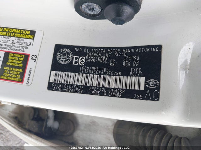 12567782 :رقم المزاد ، 2T1BU4EEXAC370288 vin ، 2010 Toyota Corolla S/le/xle مزاد بيع