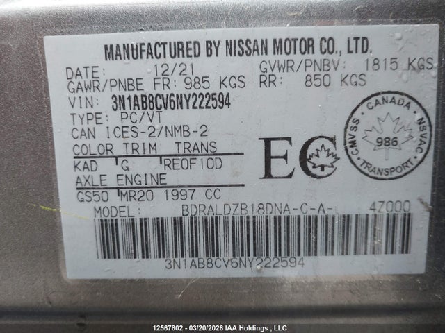 3N1AB8CV6NY222594 Nissan SENTRA SV