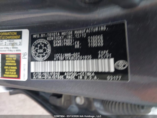 12567804 :رقم المزاد ، 4T1BF1FK8CU201935 vin ، 2012 Toyota Camry Se/le/xle مزاد بيع