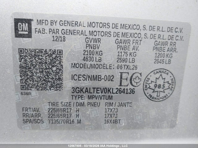 Aukcja sprzedaży 2019 Gmc Terrain Sle, vin: 3GKALTEV0KL264136, numer aukcji: 12567805