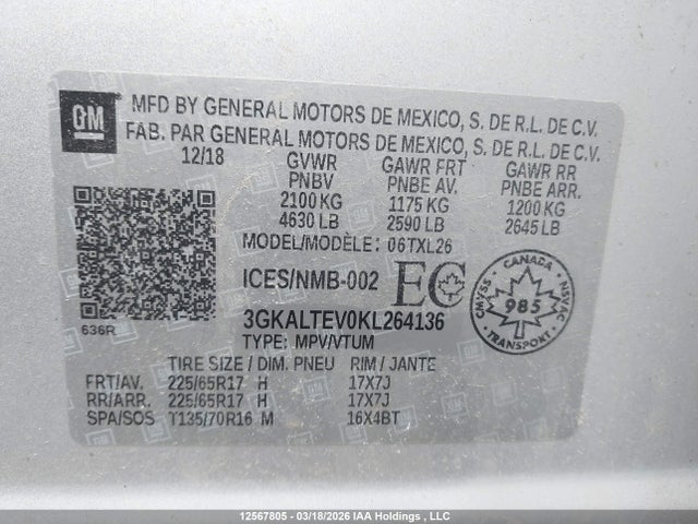 Aukcja sprzedaży 2019 Gmc Terrain Sle, vin: 3GKALTEV0KL264136, numer aukcji: 12567805