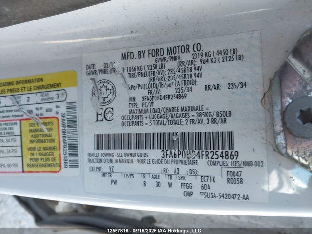 12567816 :رقم المزاد ، 3FA6P0HD4FR254869 vin ، 2015 Ford Fusion Se مزاد بيع
