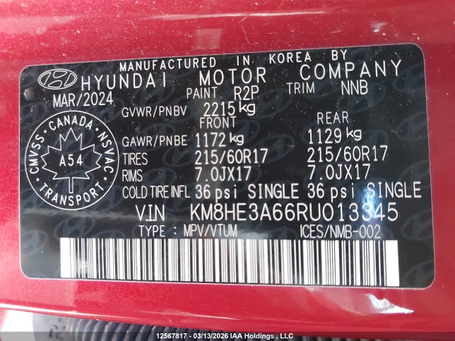 Продажа на аукционе авто 2024 Hyundai Kona Electric Ultimate, vin: KM8HE3A66RU013345, номер лота: 12567817