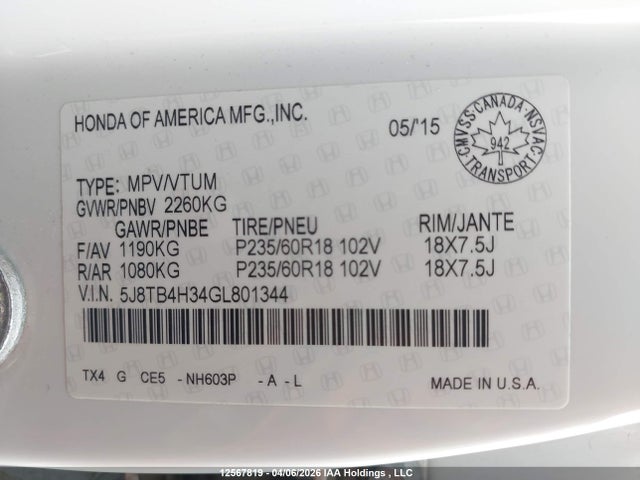 5J8TB4H34GL801344 Acura RDX