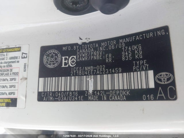 12567820 :رقم المزاد ، 2T1BU4EE7AC231459 vin ، 2010 Toyota Corolla Ce/le/s مزاد بيع