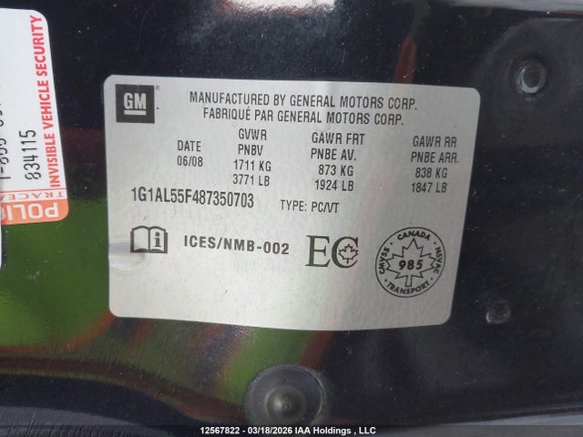 Aukcja sprzedaży 2008 Chevrolet Cobalt Lt, vin: 1G1AL55F487350703, numer aukcji: 12567822