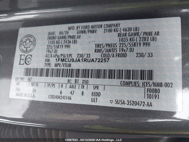 1FMCU9JA1RUA72257 Ford Escape Platinum