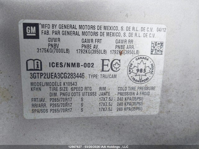 12567827 :رقم المزاد ، 3GTP2UEA3CG283446 vin ، 2012 Gmc Sierra K1500 Sl مزاد بيع