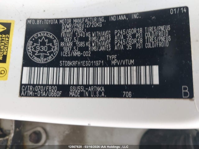 5TDBKRFH1ES011971 Toyota Highlander Le