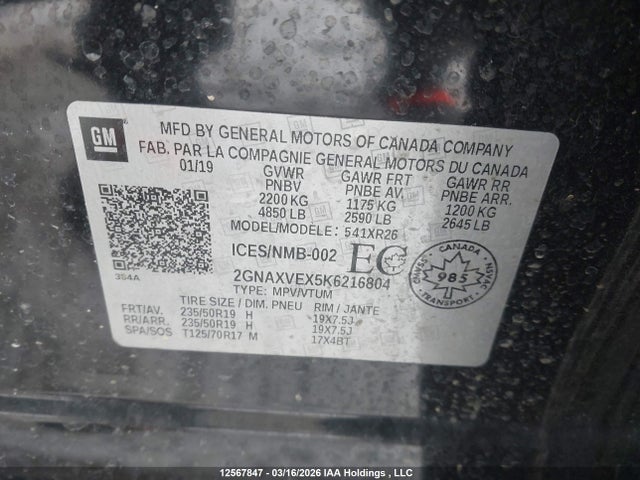 2GNAXVEX5K6216804 Chevrolet EQUINOX LT