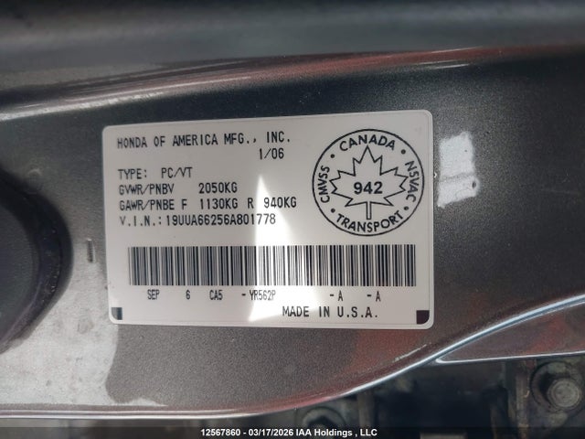 Продажа на аукционе авто 2006 Acura 3.2tl, vin: 19UUA66256A801778, номер лота: 12567860