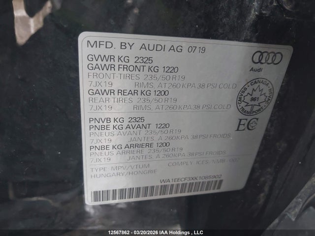 Aukcja sprzedaży 2019 Audi Q3 2.0t Progressiv, vin: WA1EECF3XK1085902, numer aukcji: 12567862