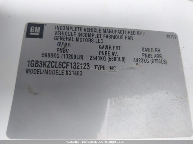 2012 Chevrolet Silverado 3500hd Chassis Wt მანქანა იყიდება აუქციონზე, vin: 1GB3KZCL6CF132123, აუქციონის ნომერი: 12567866