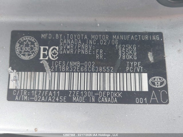 Aukcja sprzedaży 2006 Toyota Corolla Ce/le/sport, vin: 2T1BR32E66C638552, numer aukcji: 12567868