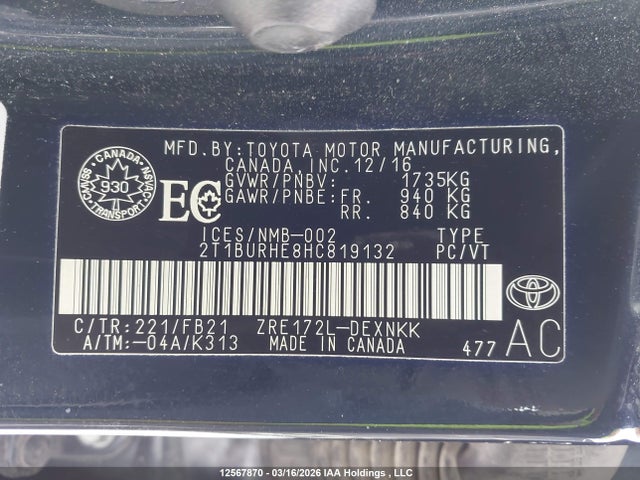 Aukcja sprzedaży 2017 Toyota Corolla L/le/xle/se/xse, vin: 2T1BURHE8HC819132, numer aukcji: 12567870