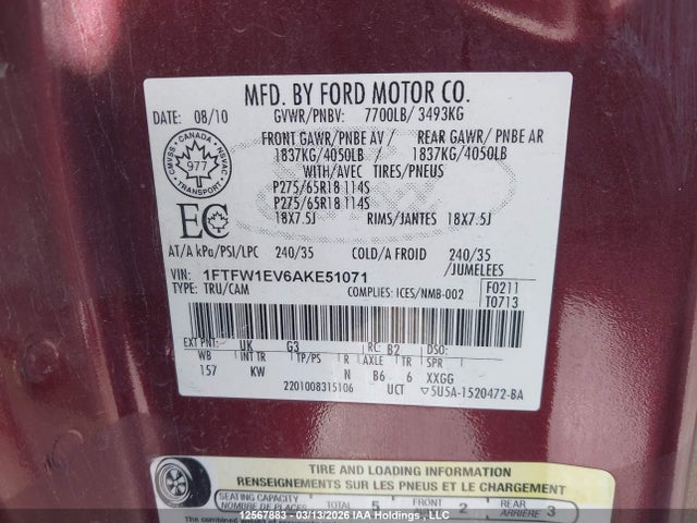 Продажа на аукционе авто 2010 Ford F-150 Fx4/harley-davidson/lariat/xlt, vin: 1FTFW1EV6AKE51071, номер лота: 12567883