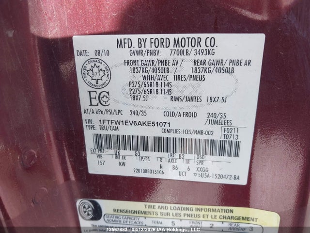 Продажа на аукционе авто 2010 Ford F-150 Fx4/harley-davidson/lariat/xlt, vin: 1FTFW1EV6AKE51071, номер лота: 12567883