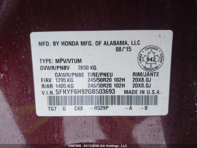 5FNYF6H92GB503693 Honda Pilot Touring