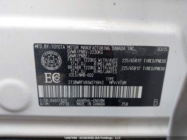 12567889 :رقم المزاد ، 2T3BWRFV8SW279842 vin ، 2025 Toyota Rav4 Le مزاد بيع