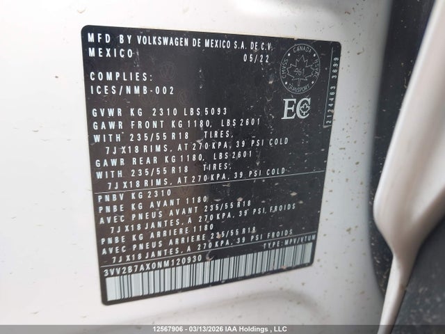 Продажа на аукционе авто 2022 Volkswagen Tiguan Comfortline, vin: 3VV2B7AX0NM120930, номер лота: 12567906