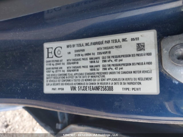 Aukcja sprzedaży 2022 Tesla Model 3, vin: 5YJ3E1EA4NF258388, numer aukcji: 12567907