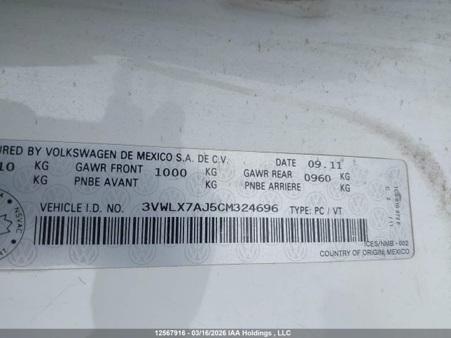 Продажа на аукционе авто 2012 Volkswagen Jetta 2.5l Highline, vin: 3VWLX7AJ5CM324696, номер лота: 12567916