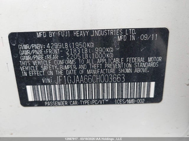 Aukcja sprzedaży 2012 Subaru Impreza, vin: JF1GJAA66CH003663, numer aukcji: 12567917