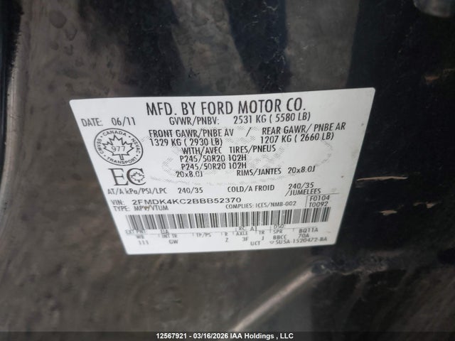 Продажа на аукционе авто 2011 Ford Edge Limited, vin: 2FMDK4KC2BBB52370, номер лота: 12567921