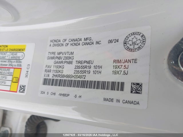 2HKRS6H99SH204972 Honda Cr-v Touring Hybrid