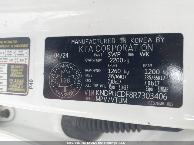Aukcja sprzedaży 2024 Kia Sportage Lx, vin: KNDPUCDF8R7303406, numer aukcji: 12567926