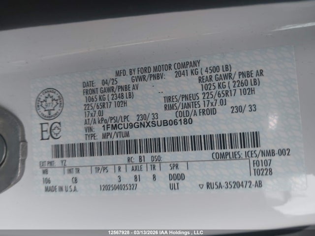 2025 Ford Escape Active მანქანა იყიდება აუქციონზე, vin: 1FMCU9GNXSUB06180, აუქციონის ნომერი: 12567928