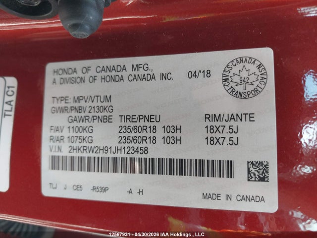 2HKRW2H91JH123458 Honda Cr-v Touring