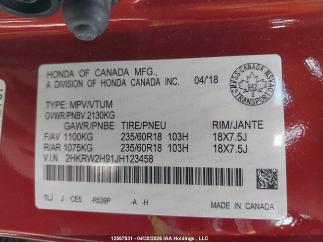 2HKRW2H91JH123458 Honda Cr-v Touring