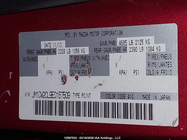 12567932 :رقم المزاد ، JM1CW2CL9E0167509 vin ، 2014 Mazda Mazda5 مزاد بيع