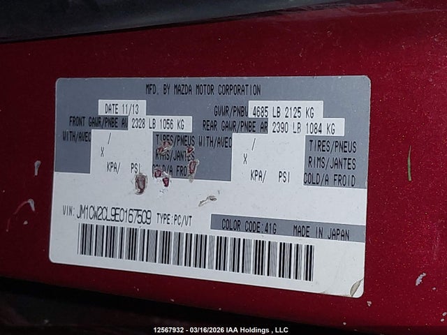 12567932 :رقم المزاد ، JM1CW2CL9E0167509 vin ، 2014 Mazda Mazda5 مزاد بيع