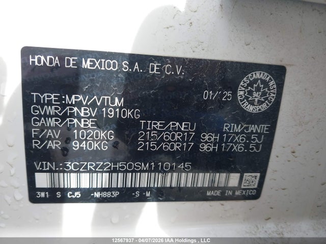 3CZRZ2H50SM110145 Honda HR-V SPORT
