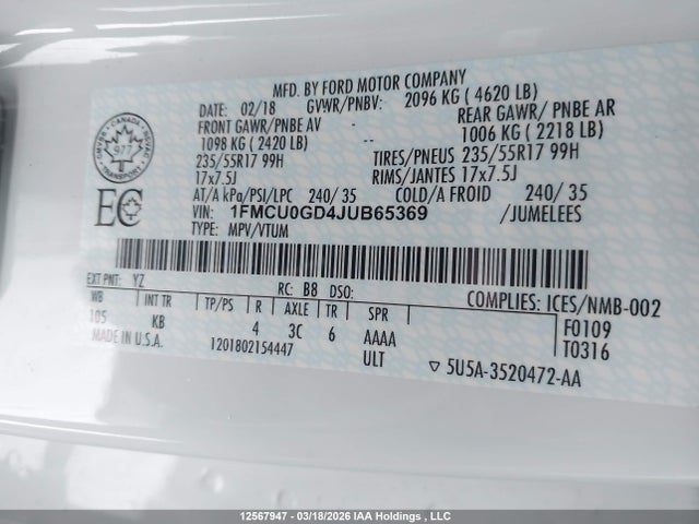 Aukcja sprzedaży 2018 Ford Escape Se, vin: 1FMCU0GD4JUB65369, numer aukcji: 12567947