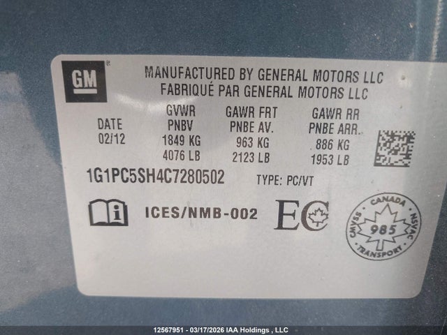 Продаж на аукціоні авто 2012 Chevrolet Cruze Ls, vin: 1G1PC5SH4C7280502, номер лоту: 12567951