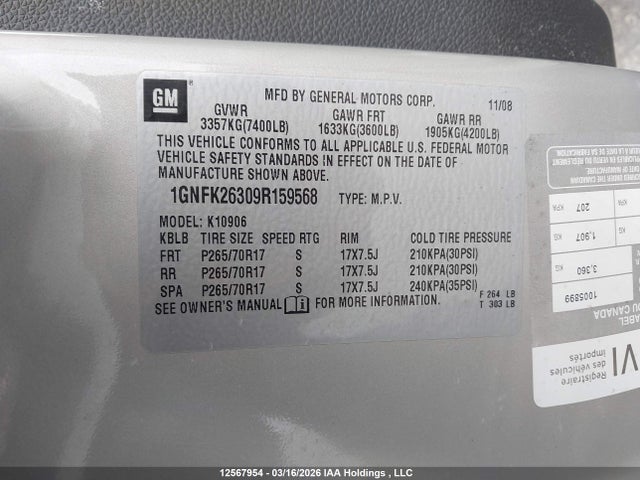 Продаж на аукціоні авто 2009 Chevrolet Suburban K1500 Lt, vin: 1GNFK26309R159568, номер лоту: 12567954