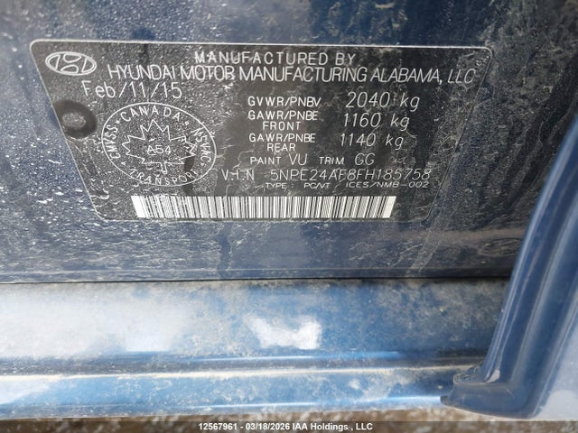 5NPE24AF8FH185758 Hyundai SONATA GL