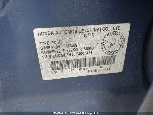 12567963 :رقم المزاد ، LUCGE8H55E3003489 vin ، 2014 Honda Fit Lx مزاد بيع