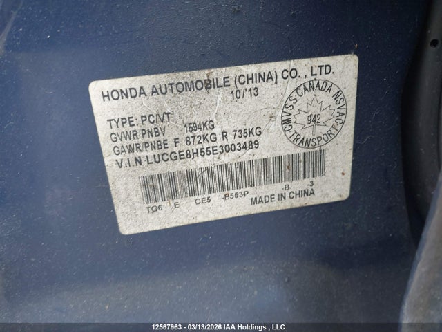 12567963 :رقم المزاد ، LUCGE8H55E3003489 vin ، 2014 Honda Fit Lx مزاد بيع