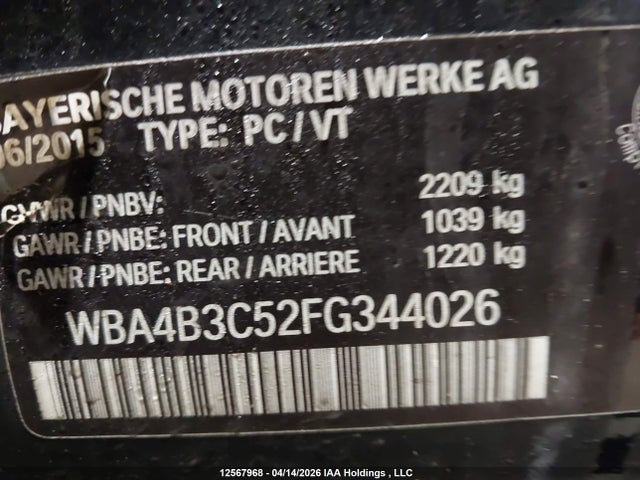 12567968 :رقم المزاد ، WBA4B3C52FG344026 vin ، 2015 Bmw 435i Gran Coupe Xdrive مزاد بيع