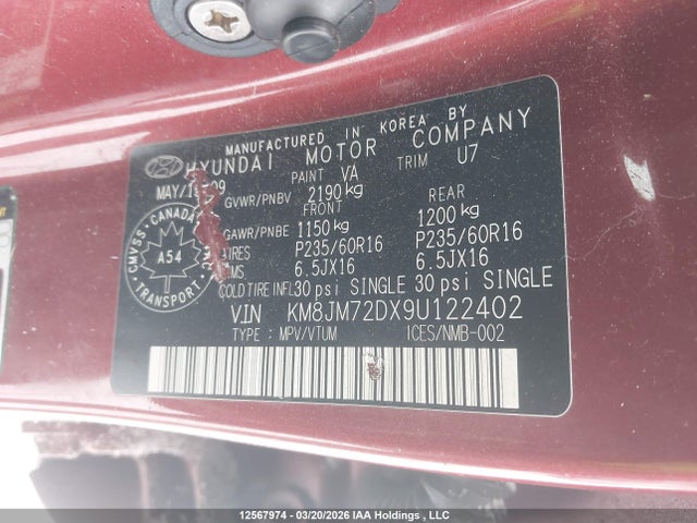 2009 Hyundai Tucson Gls მანქანა იყიდება აუქციონზე, vin: KM8JM72DX9U122402, აუქციონის ნომერი: 12567974