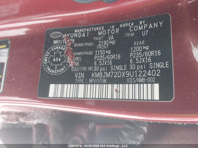 2009 Hyundai Tucson Gls მანქანა იყიდება აუქციონზე, vin: KM8JM72DX9U122402, აუქციონის ნომერი: 12567974