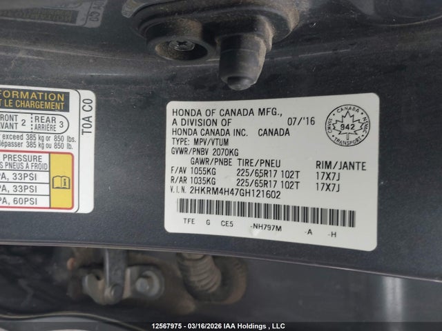 Aukcja sprzedaży 2016 Honda Cr-v Se, vin: 2HKRM4H47GH121602, numer aukcji: 12567975