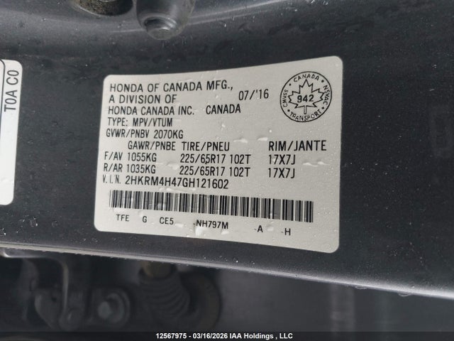 Aukcja sprzedaży 2016 Honda Cr-v Se, vin: 2HKRM4H47GH121602, numer aukcji: 12567975