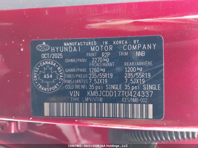 Продажа на аукционе авто 2026 Hyundai Tucson Sel Convenience, vin: KM8JCDD17TU424337, номер лота: 12567982