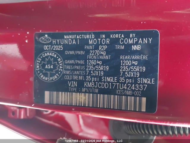 Продажа на аукционе авто 2026 Hyundai Tucson Sel Convenience, vin: KM8JCDD17TU424337, номер лота: 12567982