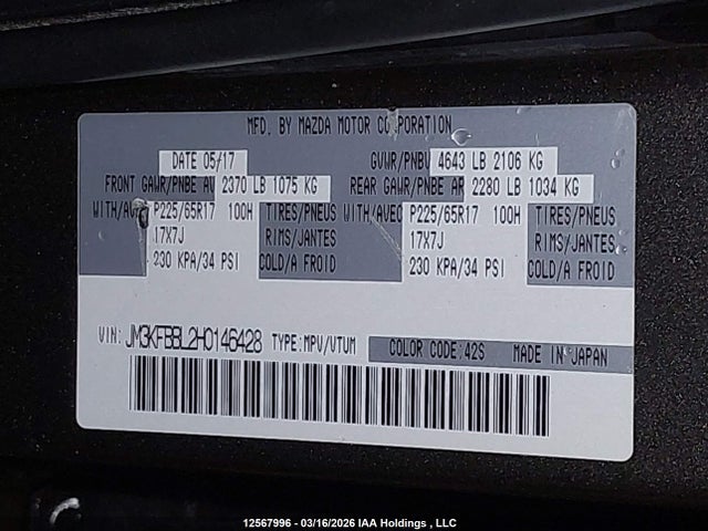12567996 :رقم المزاد ، JM3KFBBL2H0146428 vin ، 2017 Mazda Cx-5 Gx مزاد بيع
